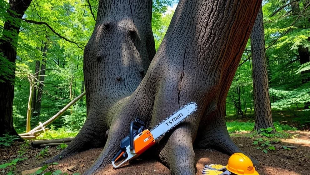 Fälla träd som lutar mot annat träd